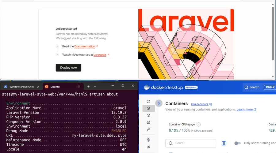 Screenshot showing a DDEV Laravel demo project running on Windows using WSL2 and Docker Desktop.